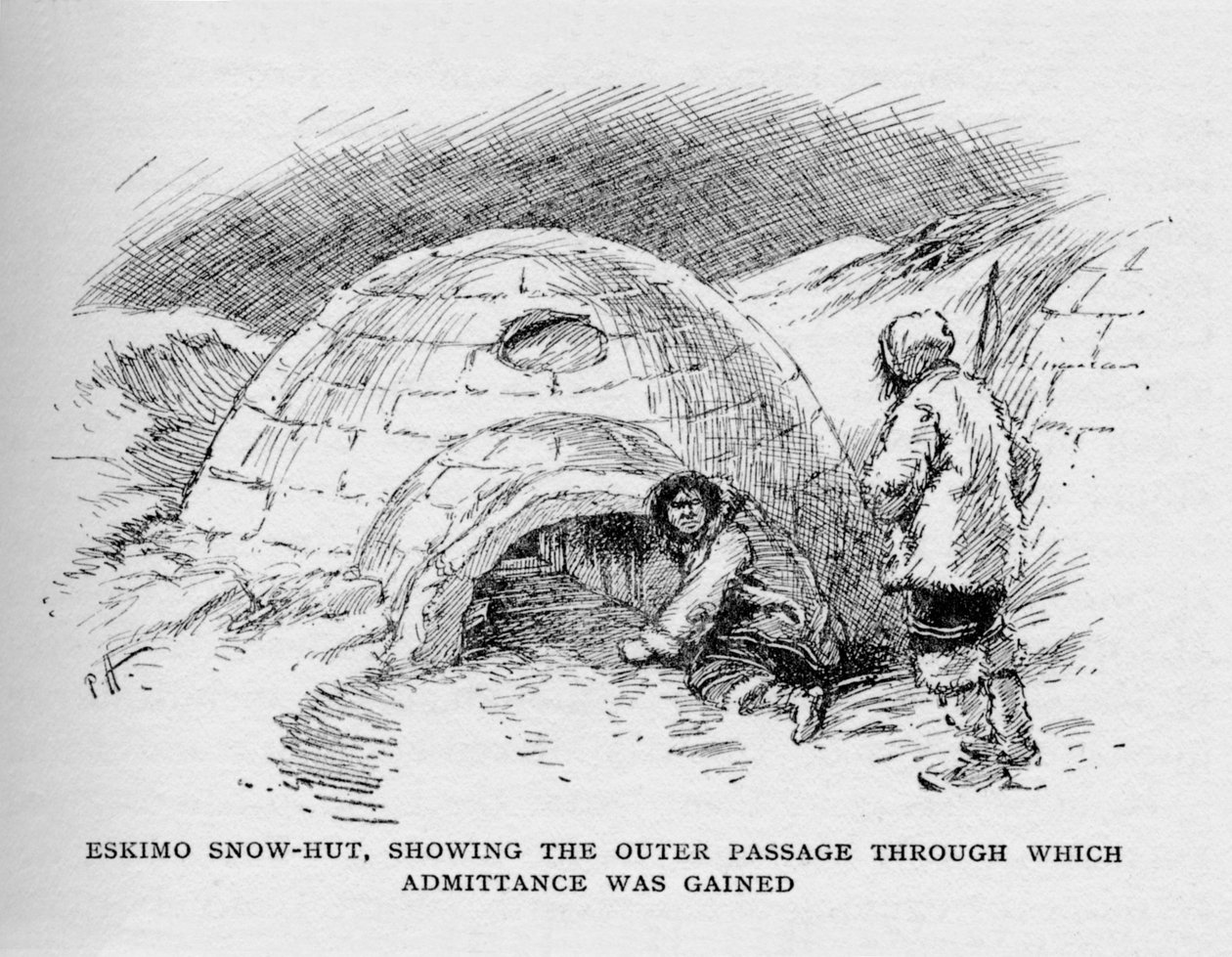 エスキモーの雪小屋、入場許可を得た外の通路を示す、c1927、1928 作： 不明