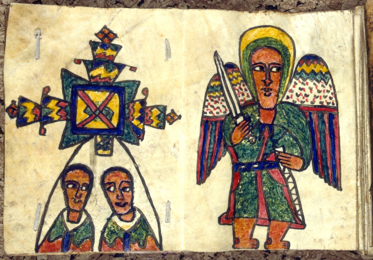 剣を持った天使と司祭と思われる 2 人の男性が描かれたエチオピアの祈祷書、19 世紀 作： 不明