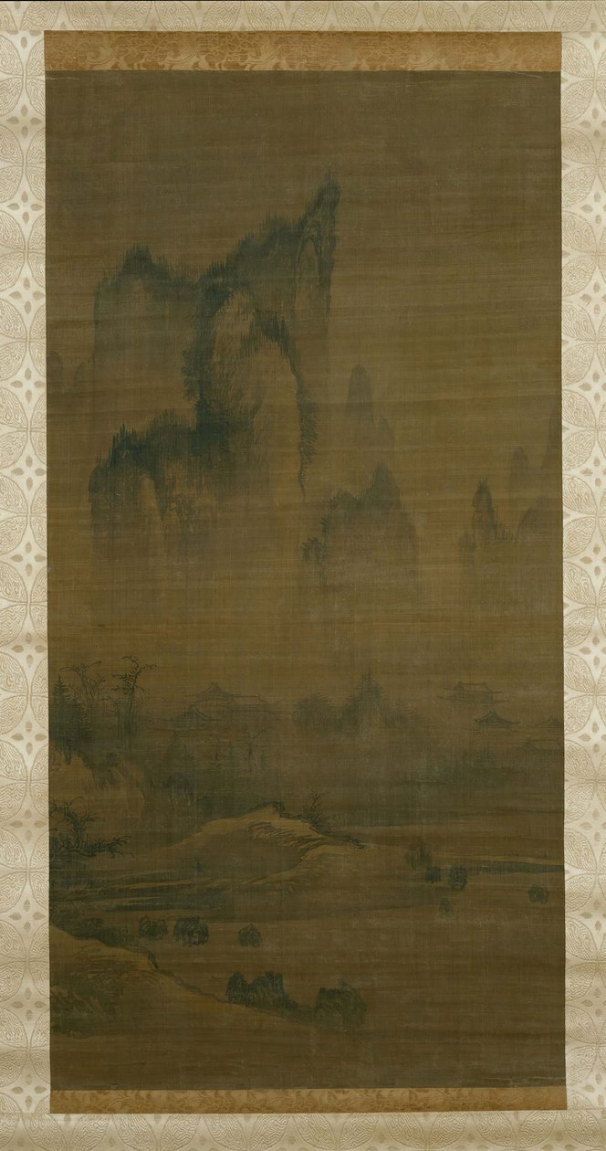 霧に覆われた寺院からの夕べの鐘、洞庭湖の右にある秋の月、カリフォルニア州。 1450-1500。 作： 不明
