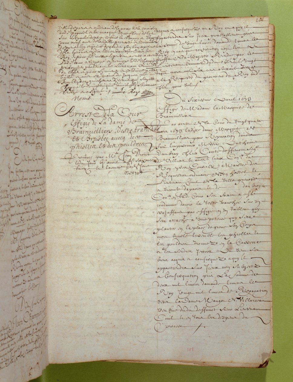 1673年4月、ブランヴィリエ侯爵夫人に死刑を宣告し、焼却したコンシェルジュリーの記録からの抜粋（紙にペン・インク 作： 不明