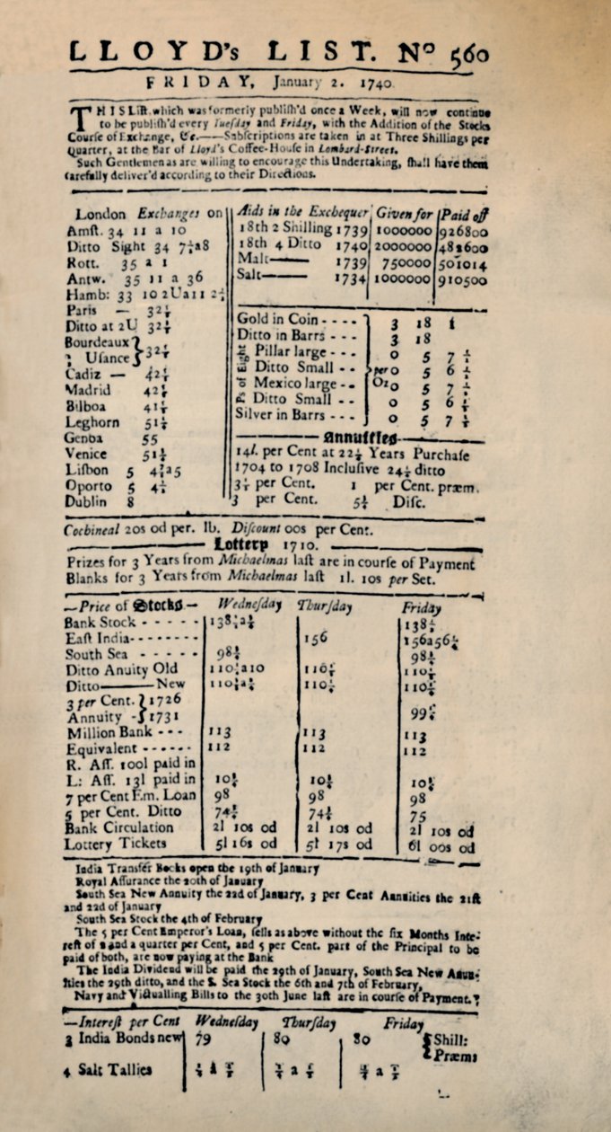 ロイズリストの最も古い現存するコピーのファクシミリ、c1740s、1928 作： 不明