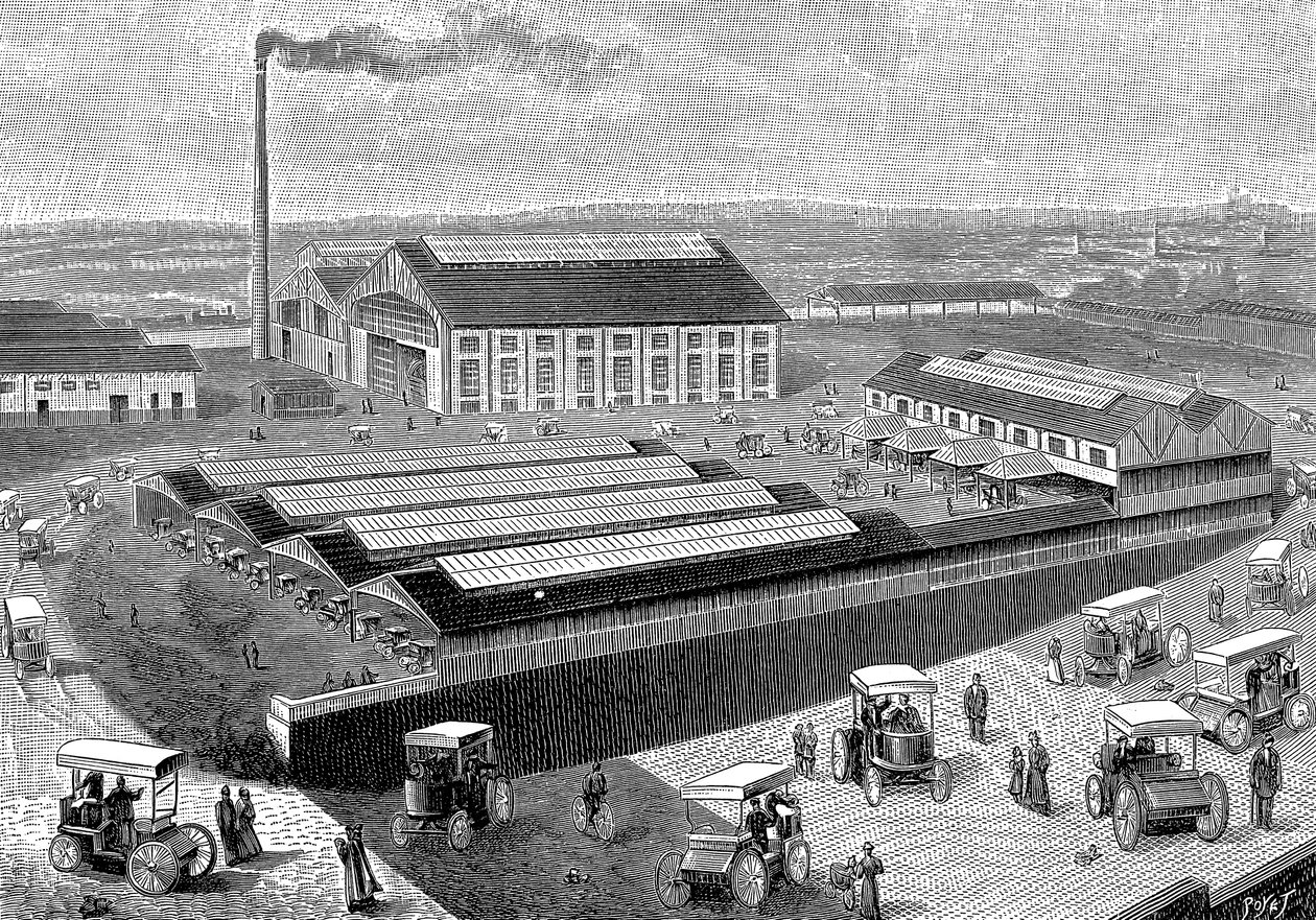 1899年、フランス、オーベルヴィリエ、電気キャブの製造、充電、サービスを行う工場 作： 不明