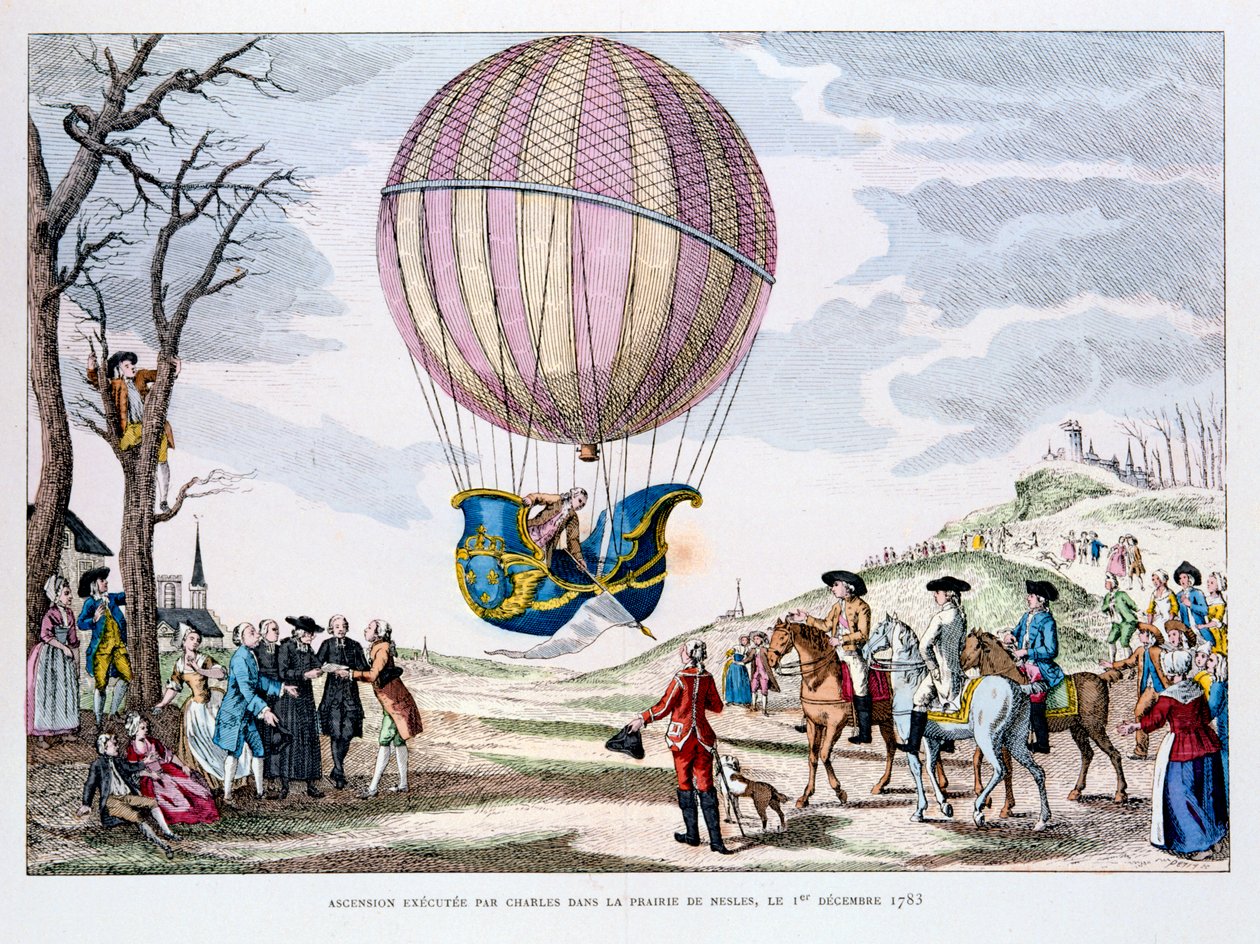 1783年12月1日、水素バルーンでの最初の有人飛行、フランス 作： 不明