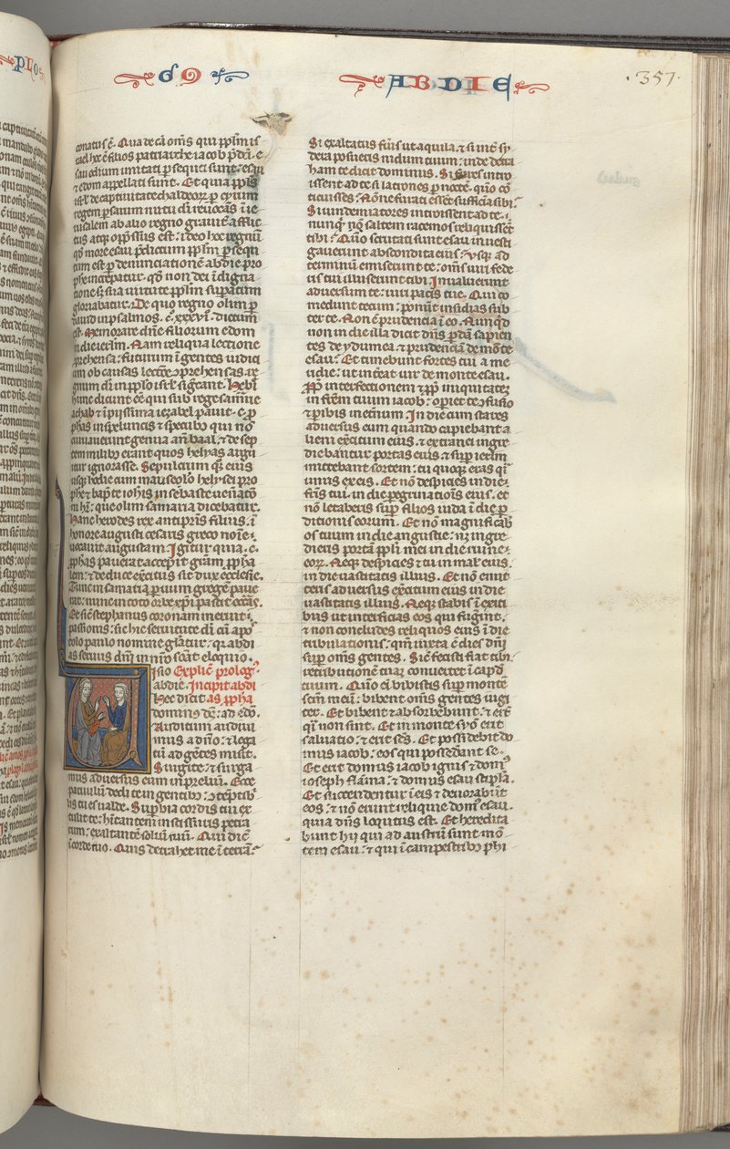 フォル。 357r、オバディア、歴史的イニシャルV、オバディアとユダヤ人、議論中c。 1275-1300。 作： 不明