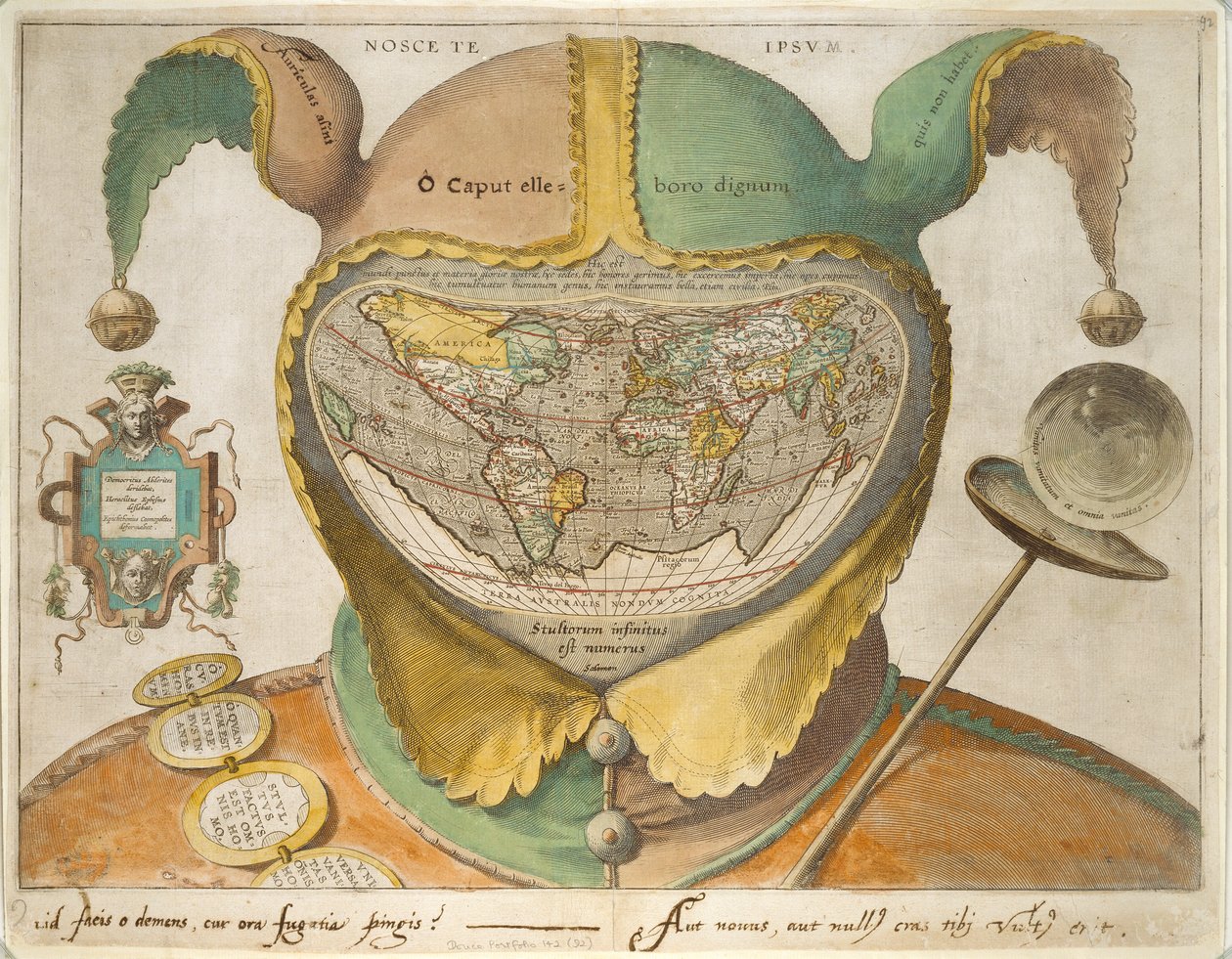 フールズ キャップの世界地図、c1590 作： 不明