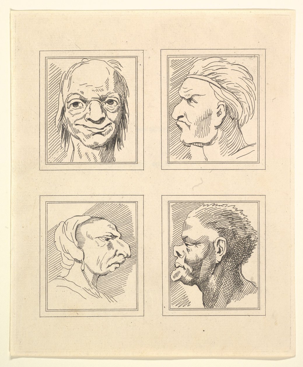 Leonardo da VinciによるCharacaturasからの4つの頭、Wincelslaus Hollarによる図面から、...、1786年。 作： 不明