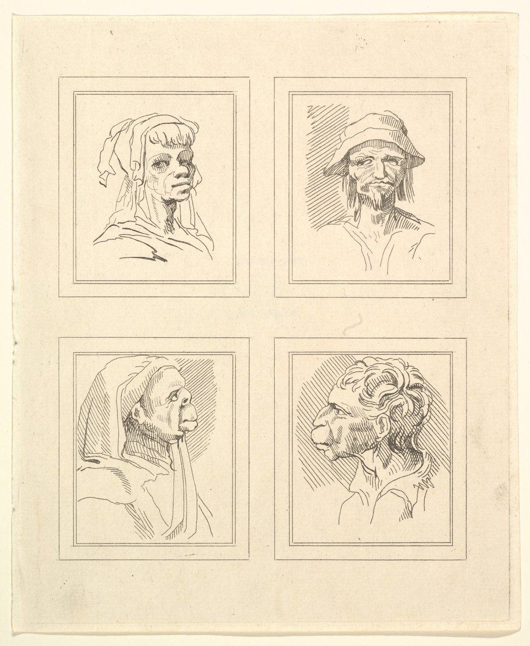 Leonardo da VinciによるCharacaturasからの4つの頭、Wincelslaus Hollarによる図面から、...、1786年。 作： 不明