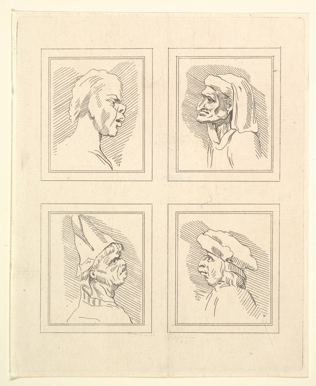 Leonardo da VinciによるCharacaturasからの4つの頭、Wincelslaus Hollarによる図面から、...、1786年。 作： 不明