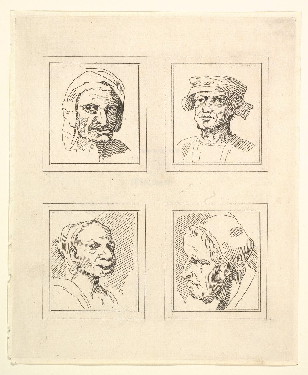 Leonardo da VinciによるCharacaturasからの4つの頭、Wincelslaus Hollarによる図面から、...、1786年。 作： 不明