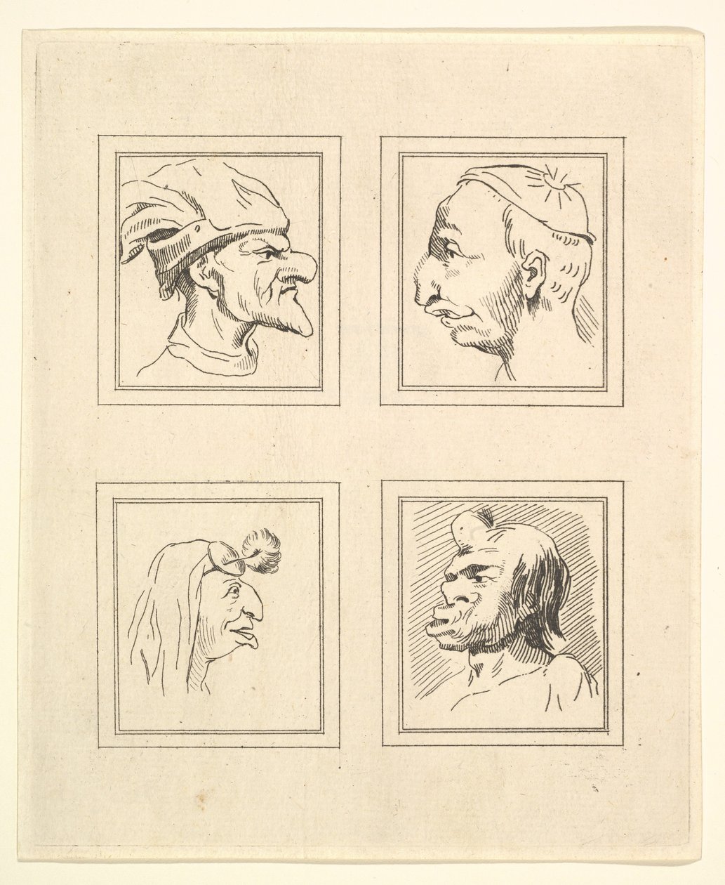 Leonardo da VinciによるCharacaturasからの4つの頭、Wincelslaus Hollarによる図面から、1786年。 作： 不明