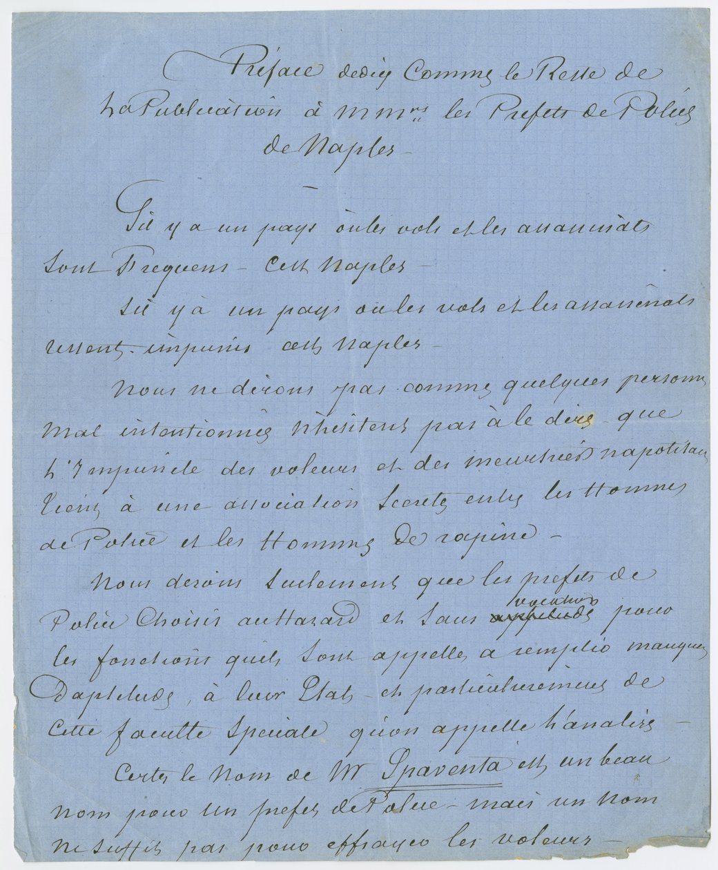 デュマが1832年にパリでポーと出会ったことを記した「Preferences dedie Comme le Reste de La Publication a Mmrs. les Prefets de Police de Naples」の断片（紙にインク）。 作： 不明