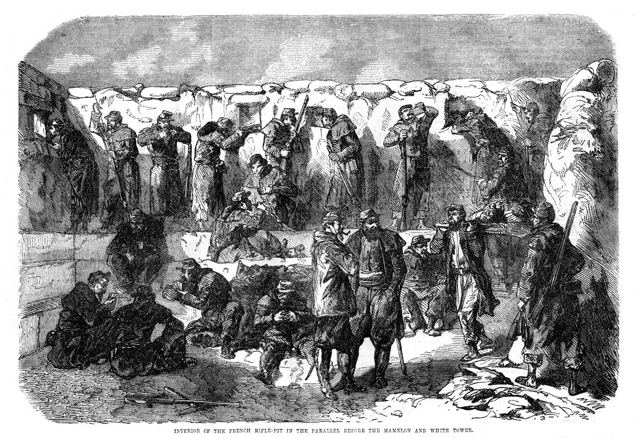 1855年、クリミア戦争、セバストポリ、マメロンと白い塔の前に並ぶフレンチライフルピット 作： 不明
