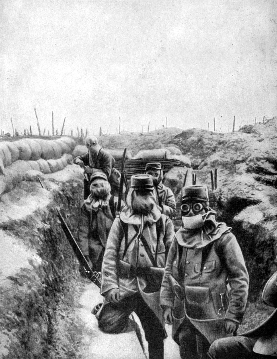 1915年の即興の防毒マスクのフランスの兵士 作： 不明