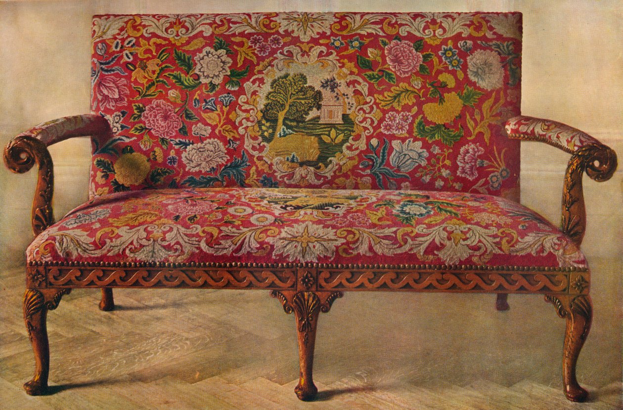 刺繍が施されたフルーツウッドSettee、18世紀初頭、1929 作： 不明