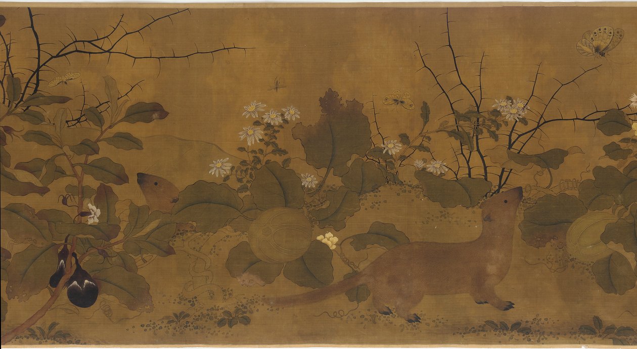 庭の風景: メロン、ナス、花、2 匹のイタチ、1368 年から 1644 年。 作： 不明