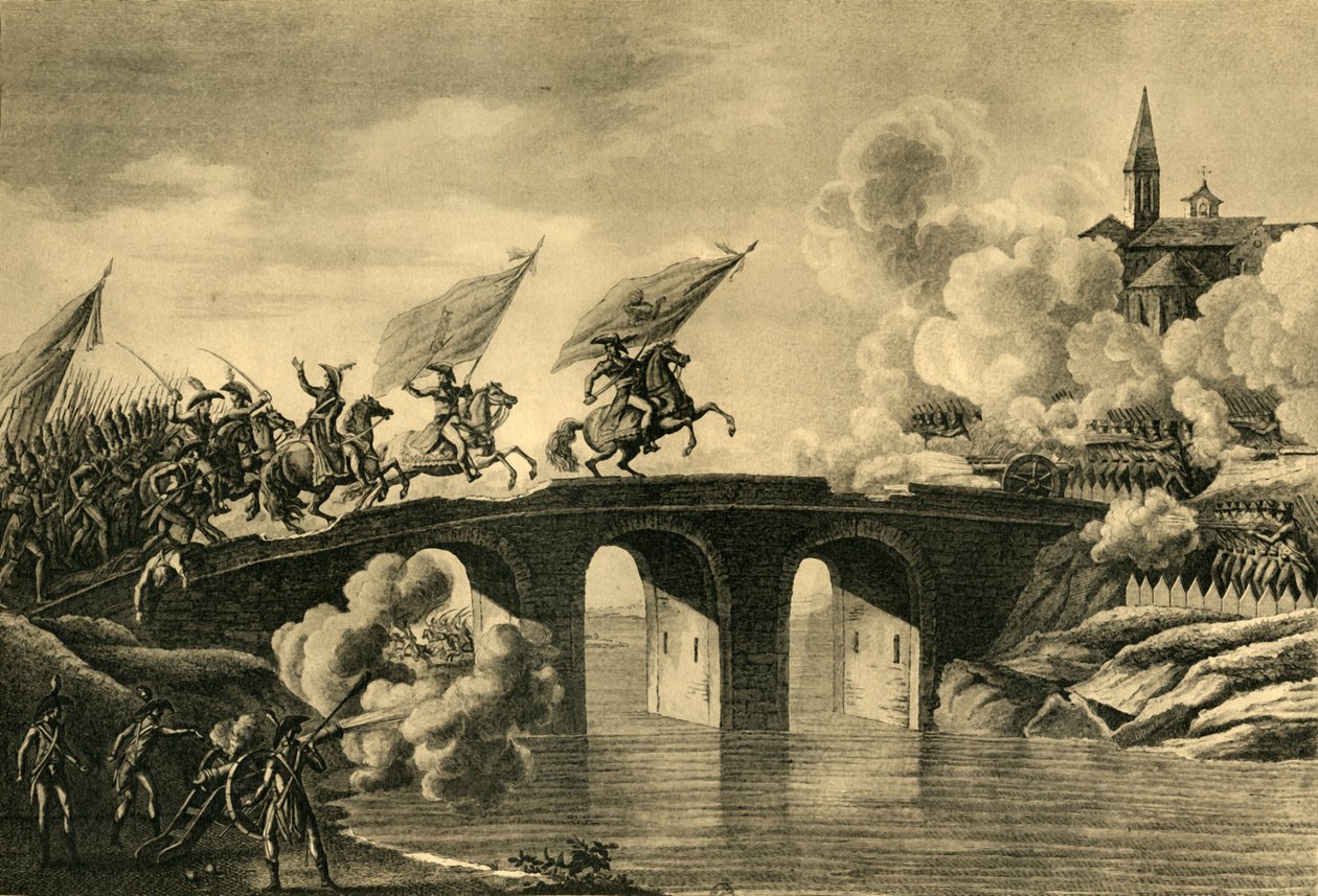 1796年11月、1921年11月、ボナパルト将軍とオージェローがアルコラで橋を襲撃した。 作： 不明