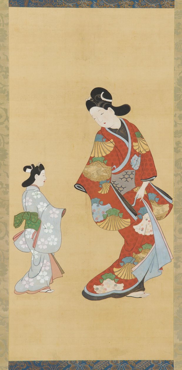 緋色と金色のドレスを着た少女と子供、1615～1868年。 作： 不明