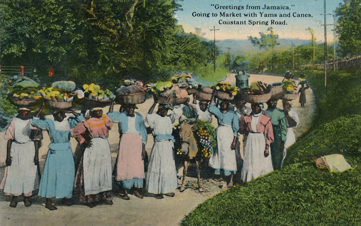 ジャマイカからのご挨拶。山芋と杖で市場に行く。コンスタントスプリングロード、1913年。 作： 不明
