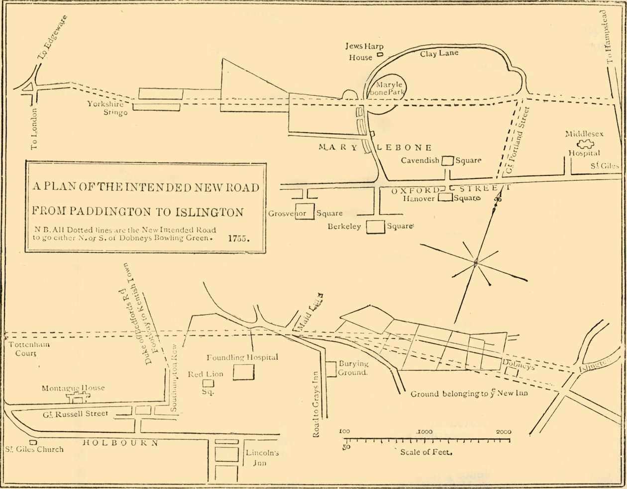 イズリントンからエッジウェアロードまでの新しい道路の平面図、1755年、c1876。 作： 不明