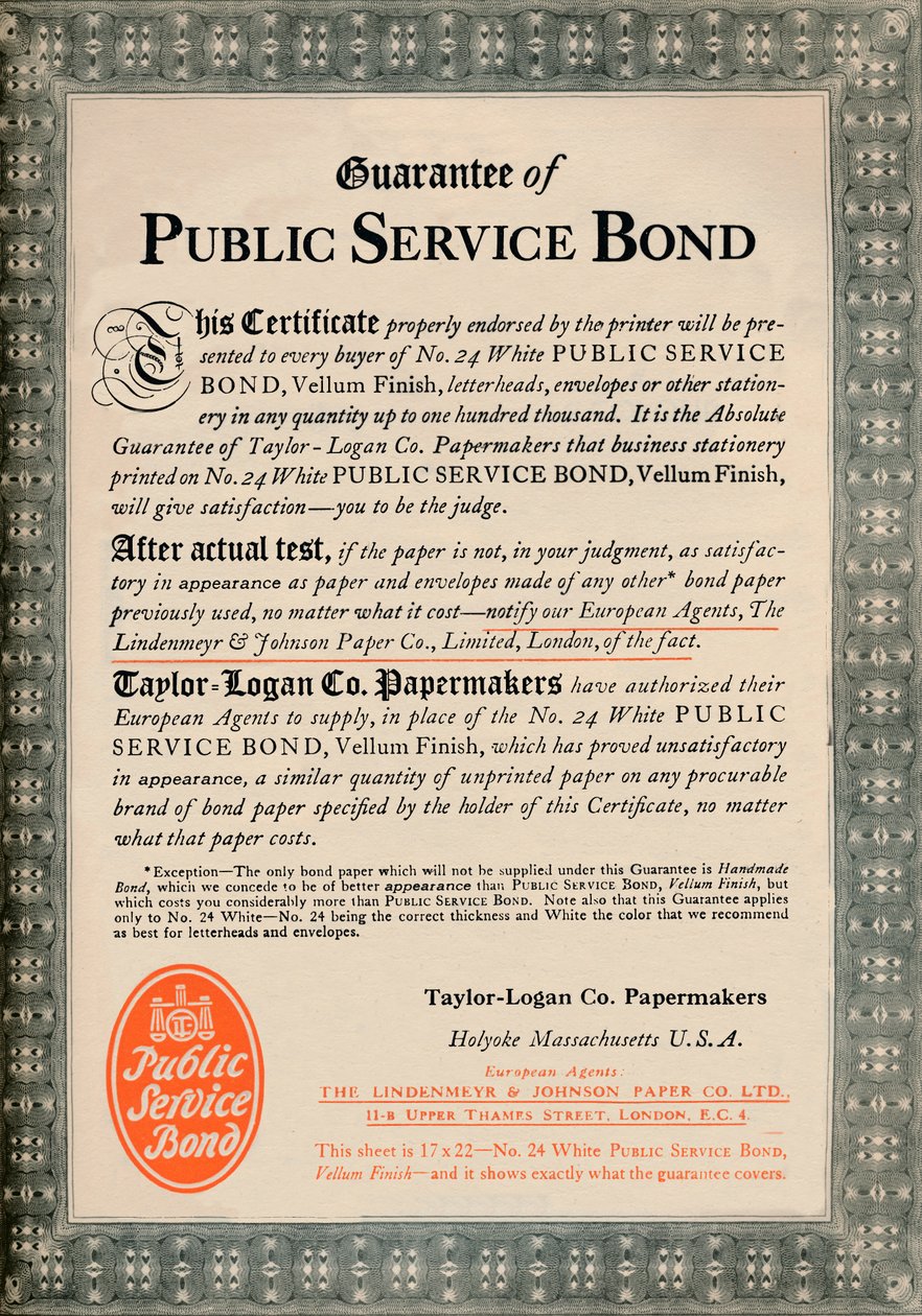 公共サービス債の保証-Taylor-Logan Co. Papermakers advert、1919 作： 不明