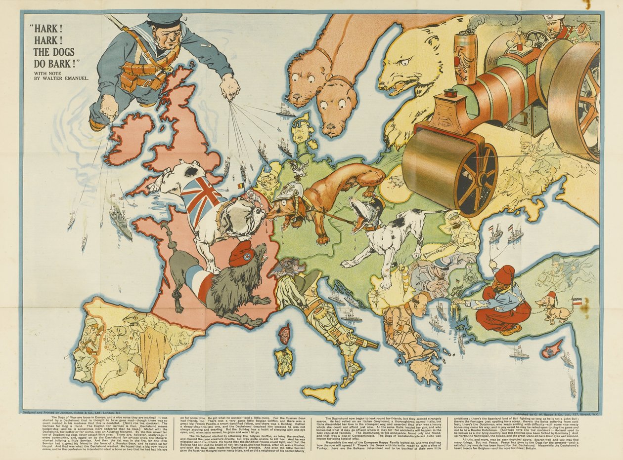 ハーク！ハーク！犬は吠えます！ヨーロッパの風刺地図、1914