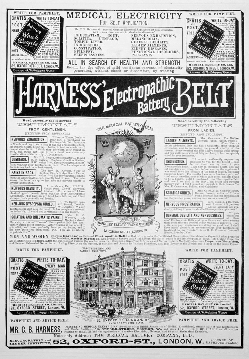 ハーネスエレクトロパシーバッテリーベルト広告、1893 作： 不明