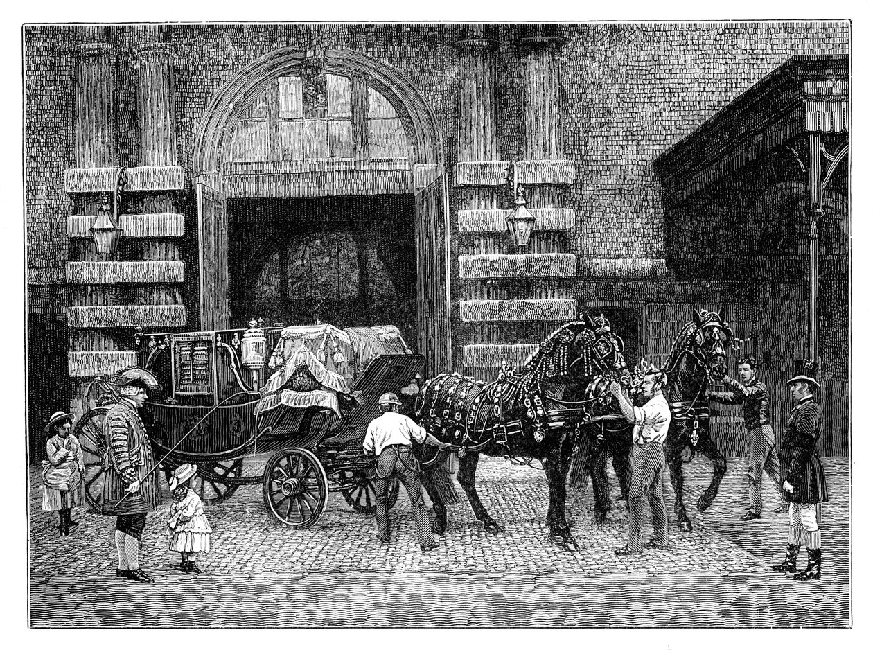 ロイヤルミューズ、バッキンガム宮殿、ロンドン、c1888で黒い馬を利用 作： 不明