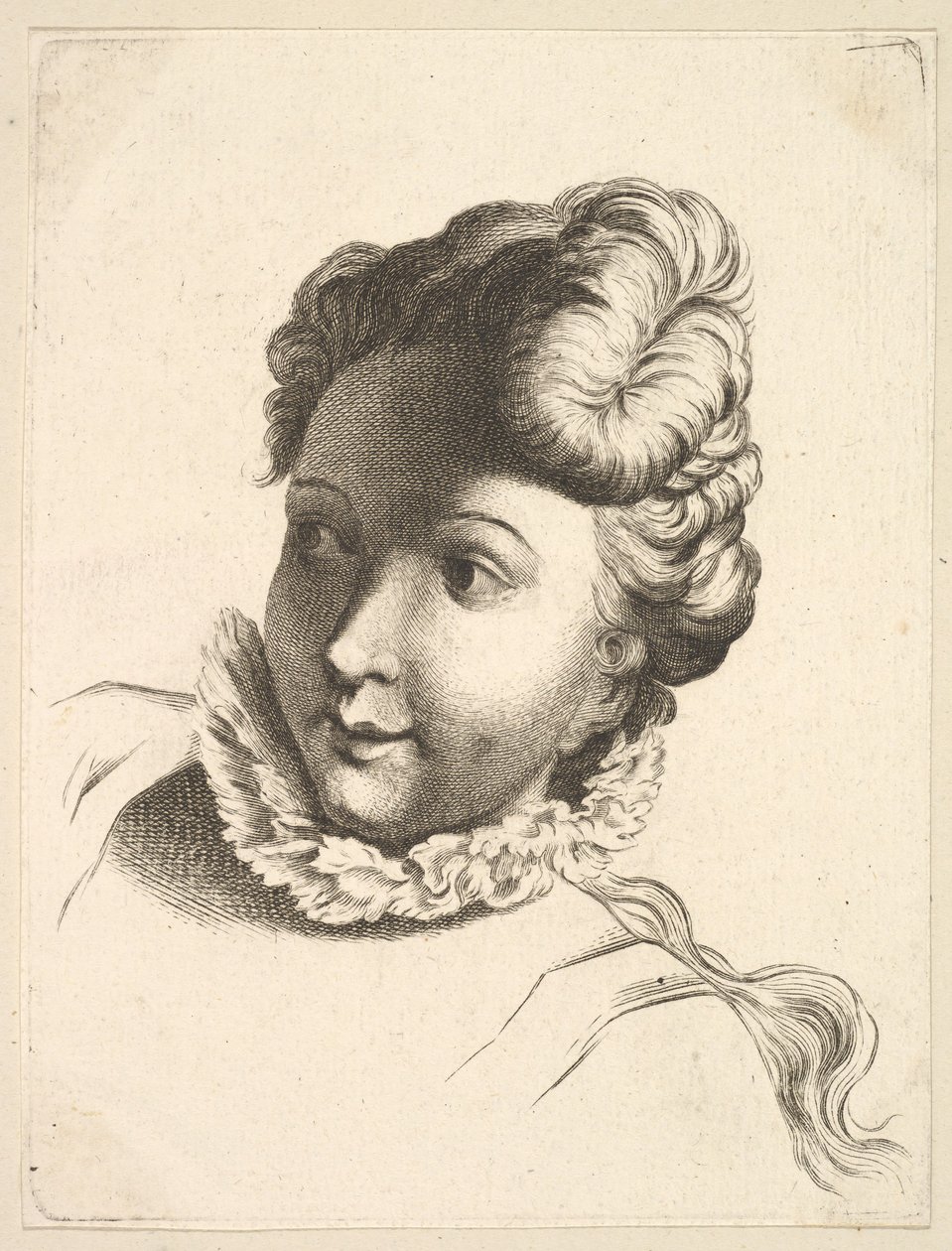 18世紀、Livre deTêtesGravéesdapres F. Boucher et ...のラフを着た女性の頭。 作： 不明