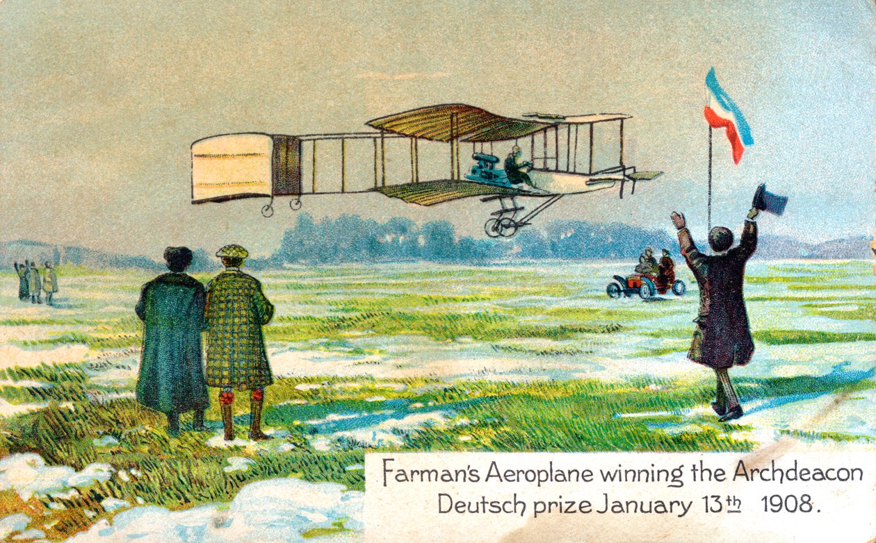 1908年1月、パリの最初の円形キロメートル飛行の賞を受賞したフランスの飛行家、アンリファーマン 作： 不明