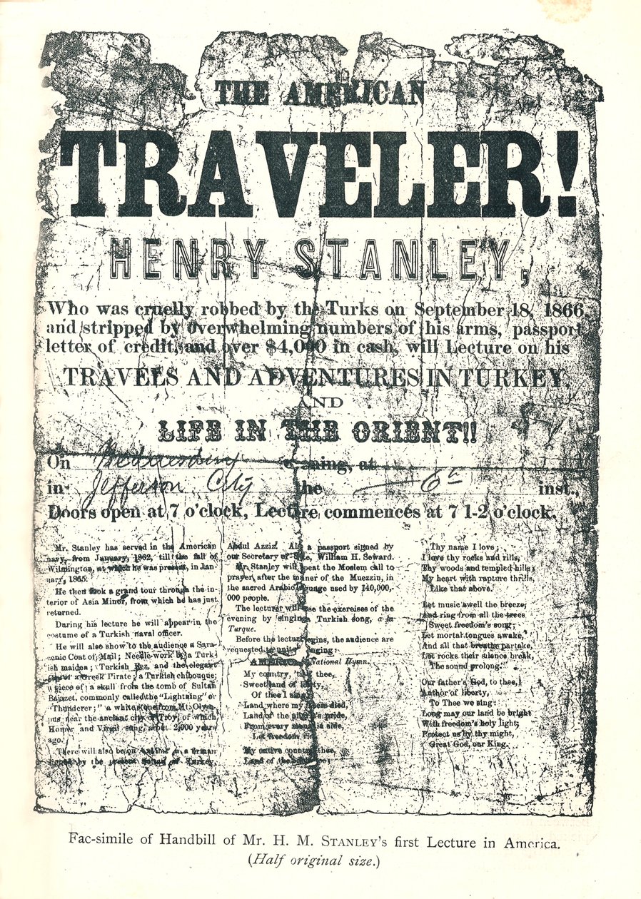 Henry M.Stanley、アメリカのレクチャーツアーのチラシ、31歳でアフリカのDr.Livingstoneを発見 作： 不明