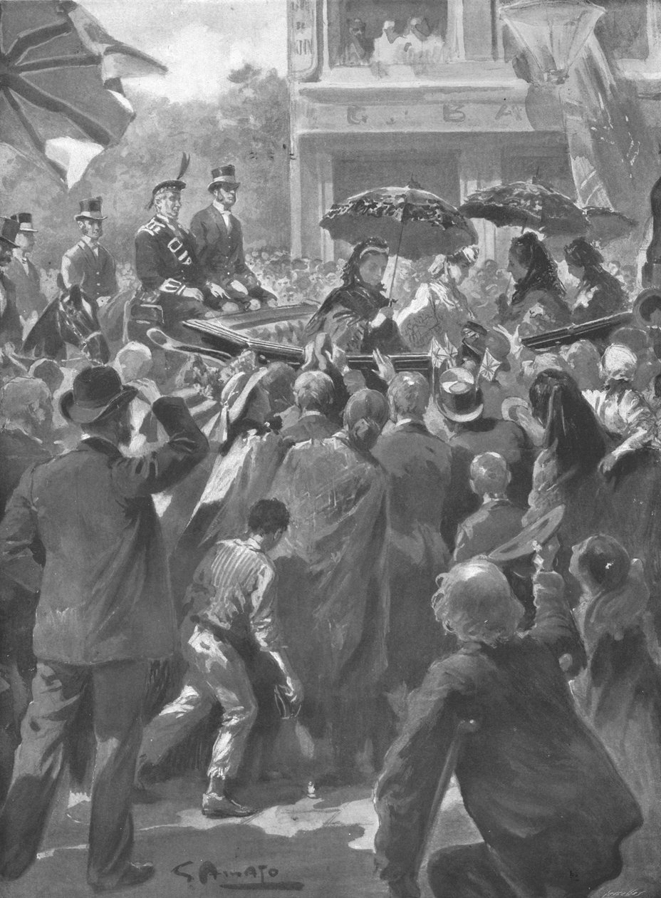 ...陛下はロンドンのイーストエンドを訪問、1903年4月2日、1873年。 作： 不明