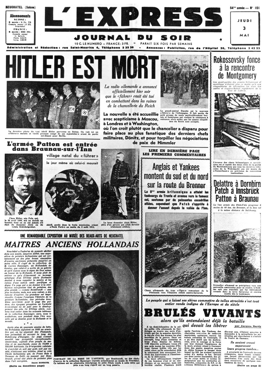 ヒトラーは死んだ、LExpress新聞の最初のページ、1945年5月3日 作： 不明