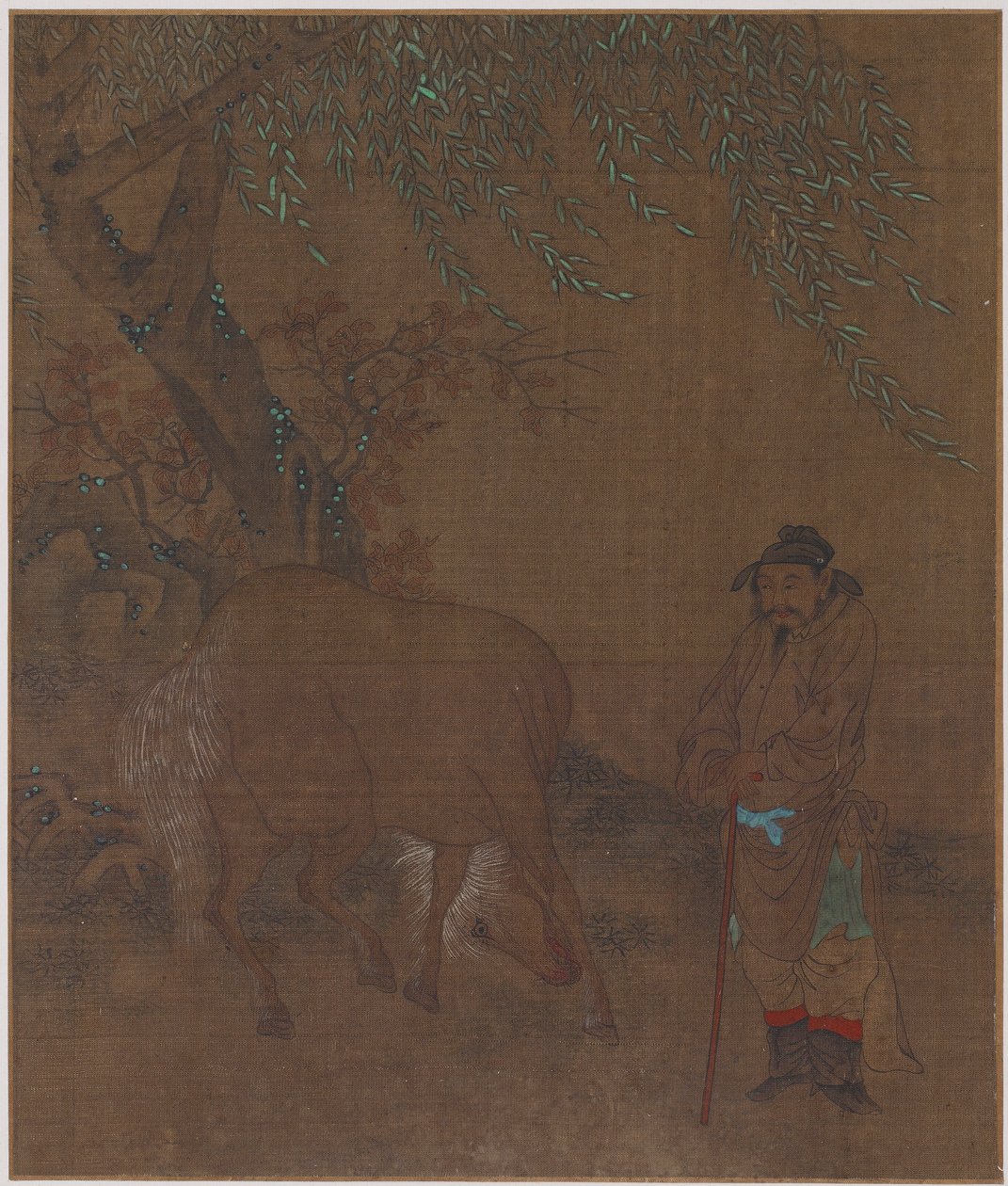 柳の下の馬と新郎、おそらく明王朝、1368-1644。 作： 不明