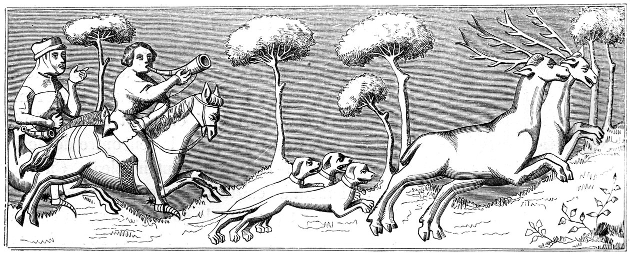 犬と一緒に鹿を狩る、14世紀1849 作： 不明