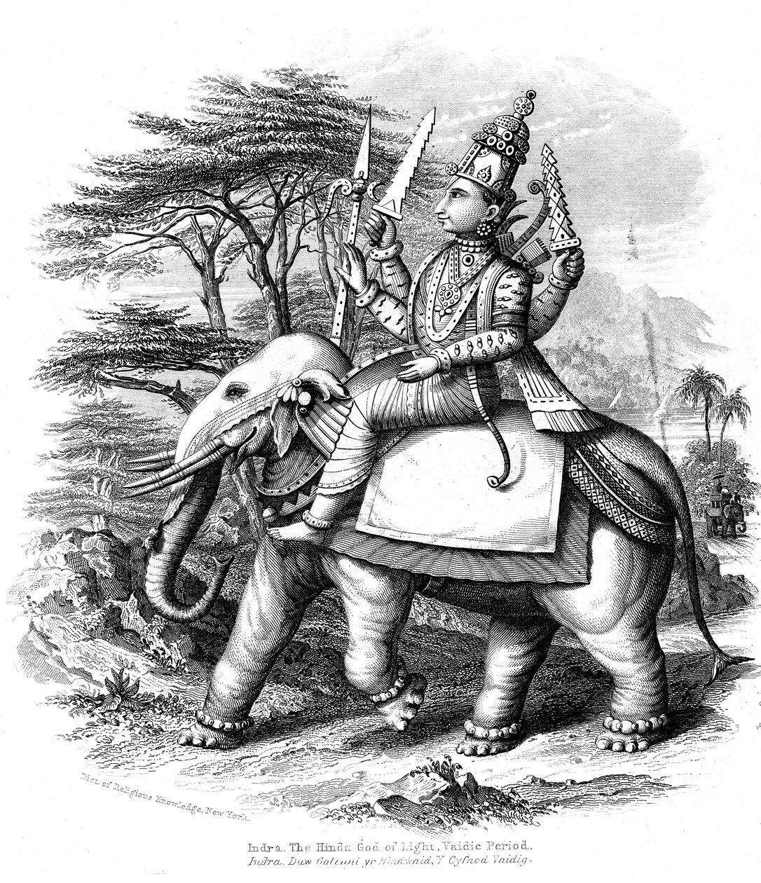 インドのヴェーダの神々の代表であるインドラが象に乗ったc1880 作： 不明