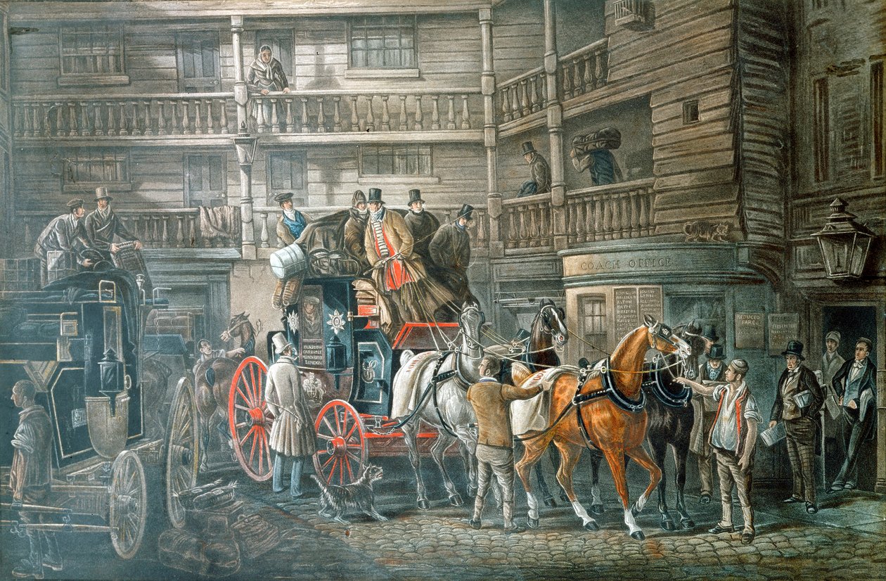 メールコーチが出発する準備をしているインヤード、c1840 作： 不明
