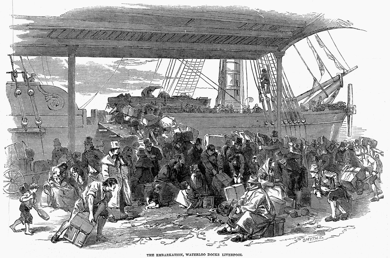 ウォータールードック、リバプール、1850年にアメリカに着陸するアイルランドの移民 作： 不明