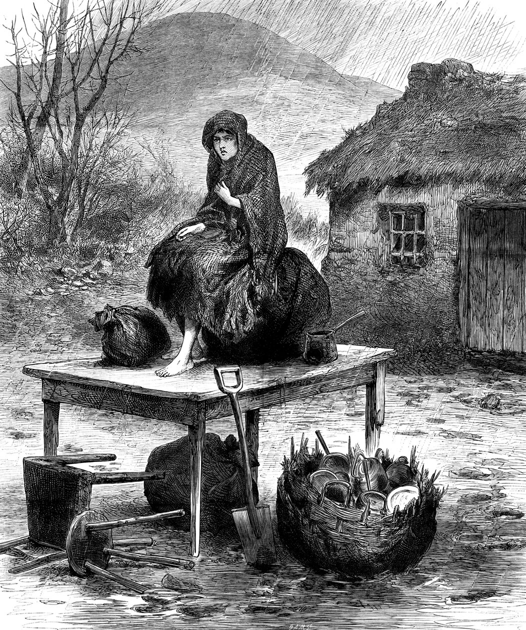 家族を守るアイルランドの農民の少女が数少ない所有物を所有している、1886 作： 不明