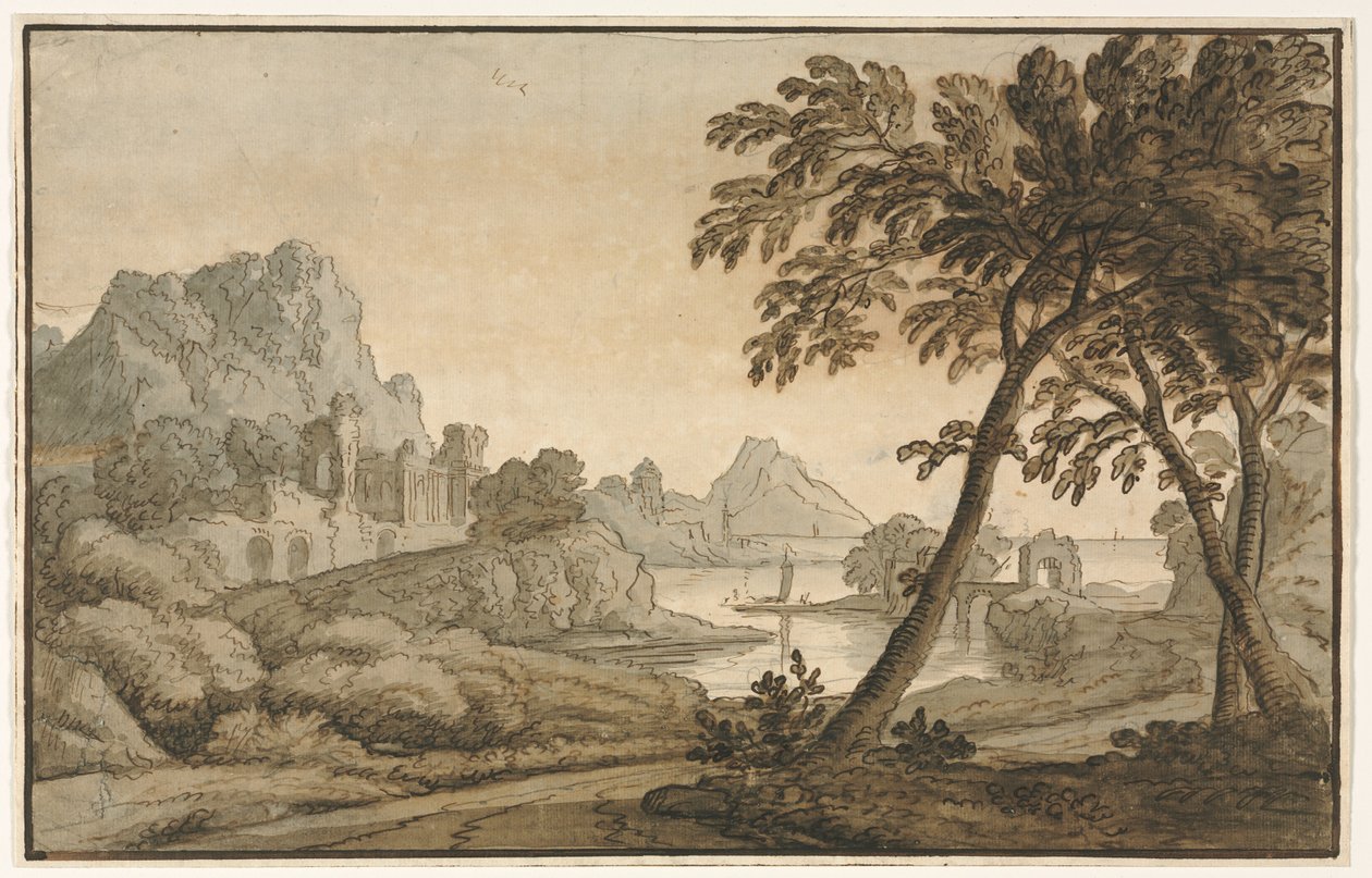 イタリアの風景、1700年代。 作： 不明