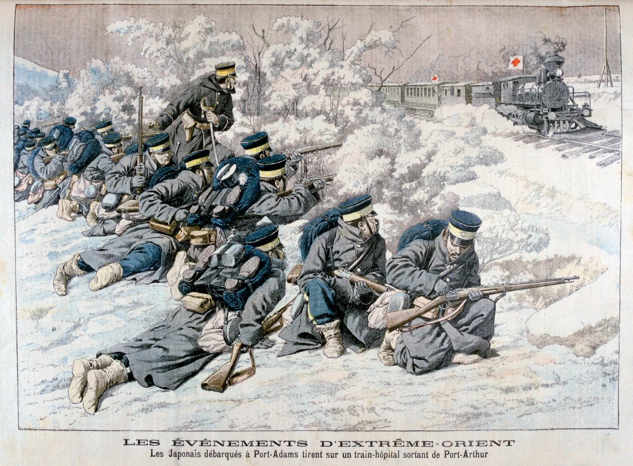 1904年の日露戦争、満州、ポートアーサー近くの病院列車に対する日本人の攻撃 作： 不明