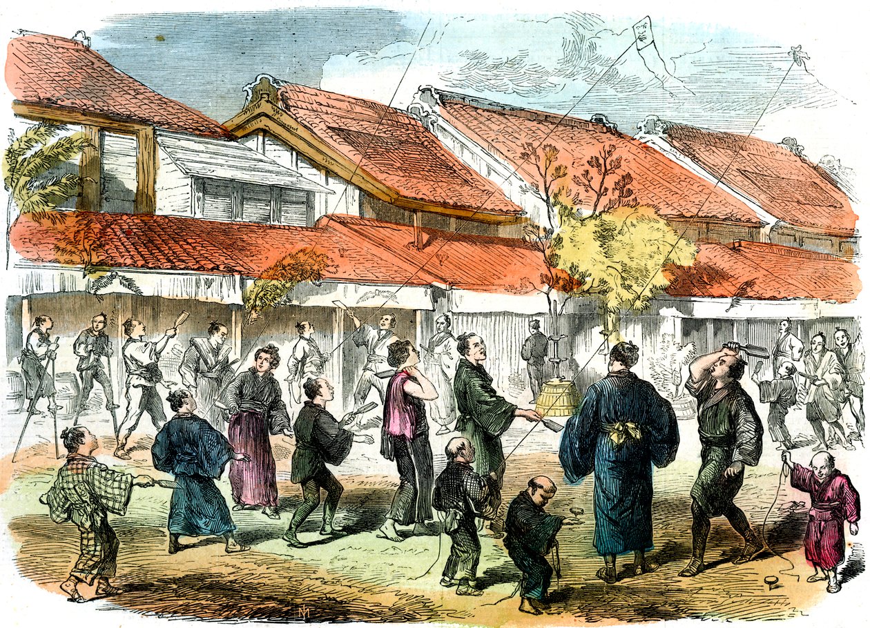 横浜の通りで羽子板と羽根の日本のゲーム、1865 作： 不明