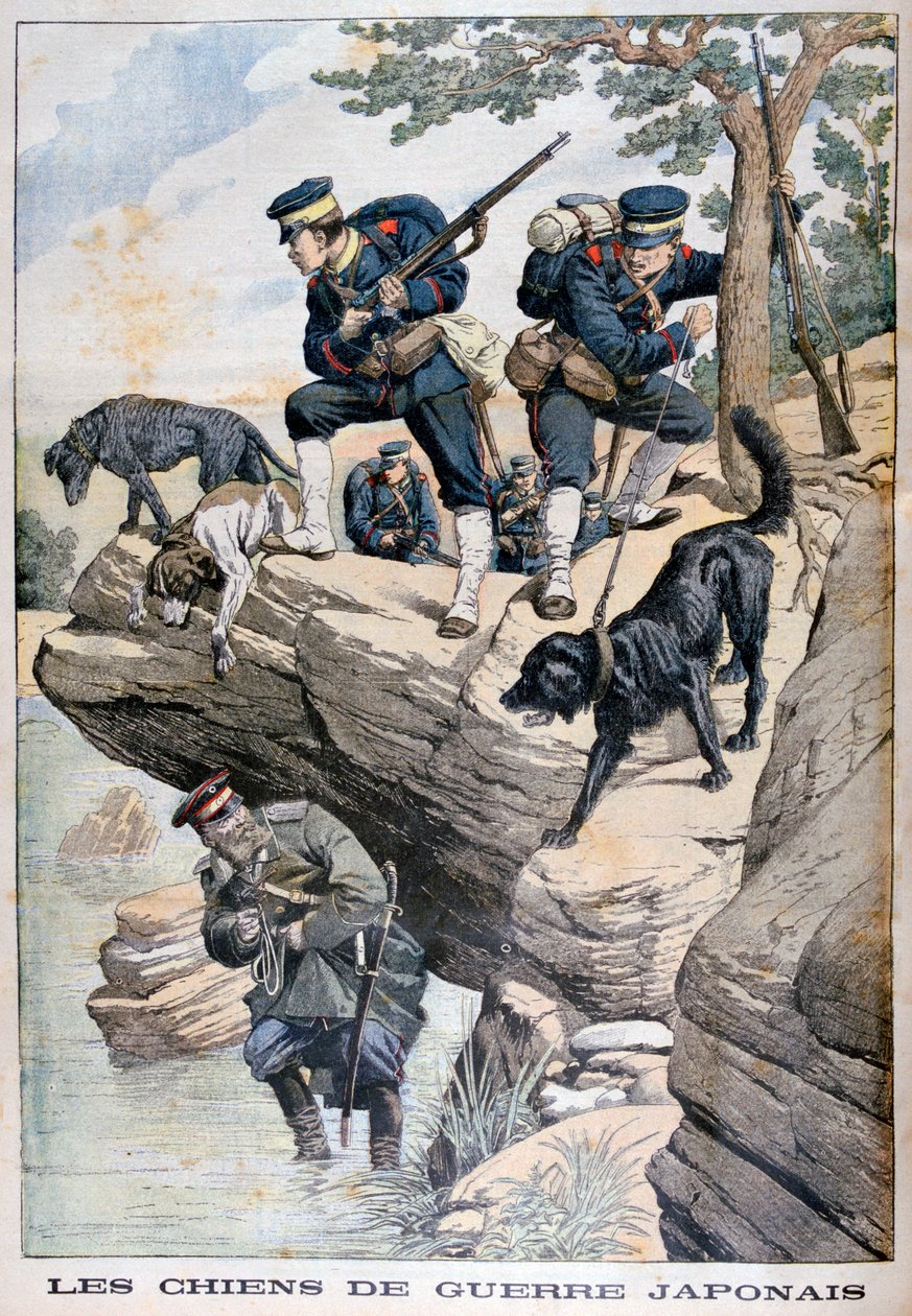 犬を連れた日本兵がロシア人を隠蔽している日露戦争、1904 作： 不明