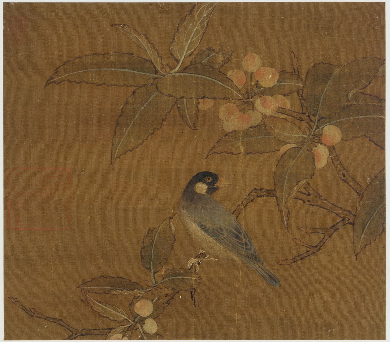 ベリーの枝にとまる文鳥、明王朝、15 世紀。 作： 不明