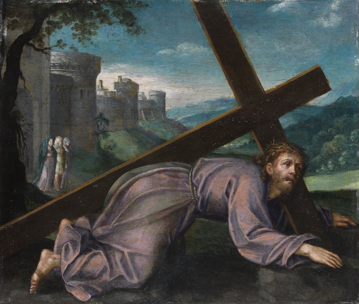 イエスは十字架の下に倒れます。 17世紀の北イタリアの画家 作： 不明