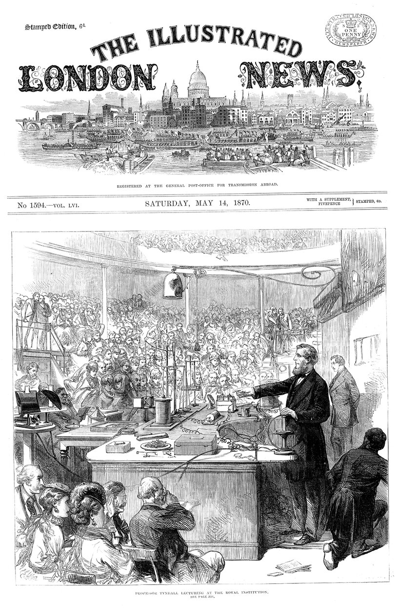 ジョンティンダルは、ロンドンの王立研究所で電磁気学について講演しています。 1870年5月 作： 不明