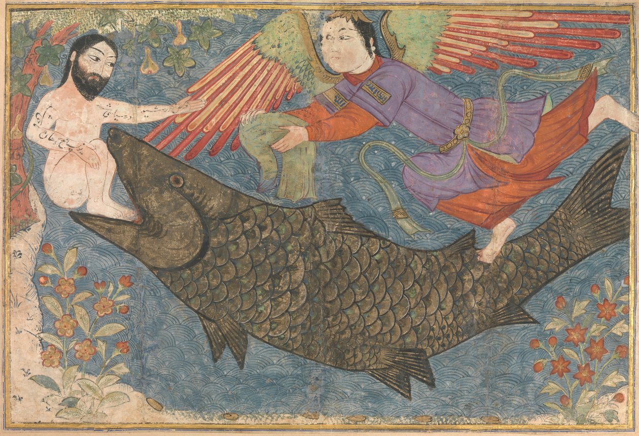 ジョナとクジラ、Jami al-Tavarikh Compendium of Chronicles のフォリオ 1400。 作： 不明