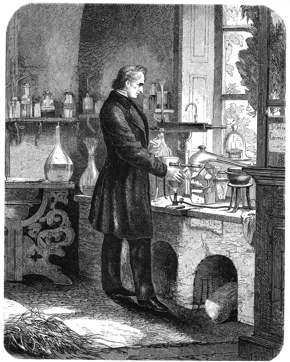 19世紀半ばに研究室で働いていたドイツの化学者、Justus von Liebig氏c1885 作： 不明