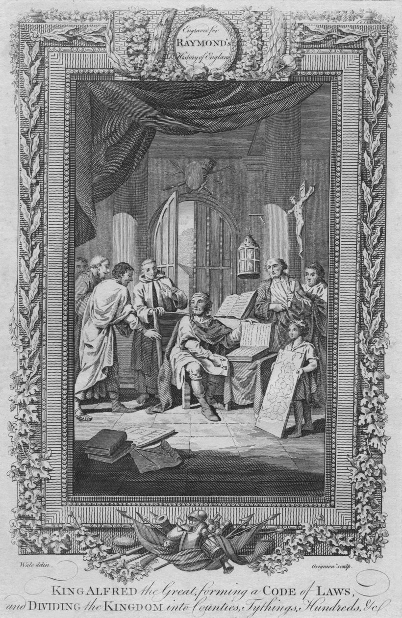 アルフレッド大王、法典を制定し、王国を郡に分割、c1787 作： 不明