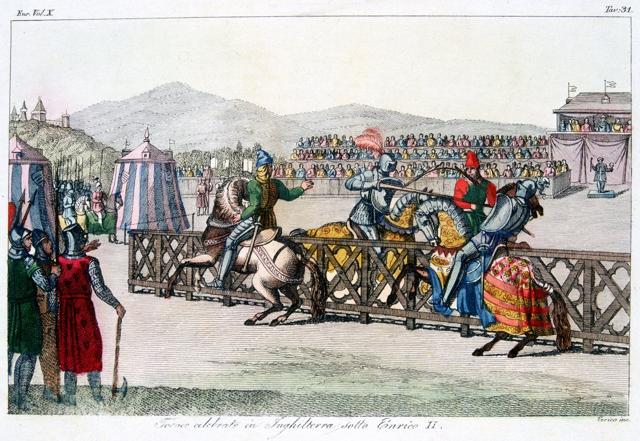 トーナメントで馬上槍試合をする騎士、12世紀、c1815