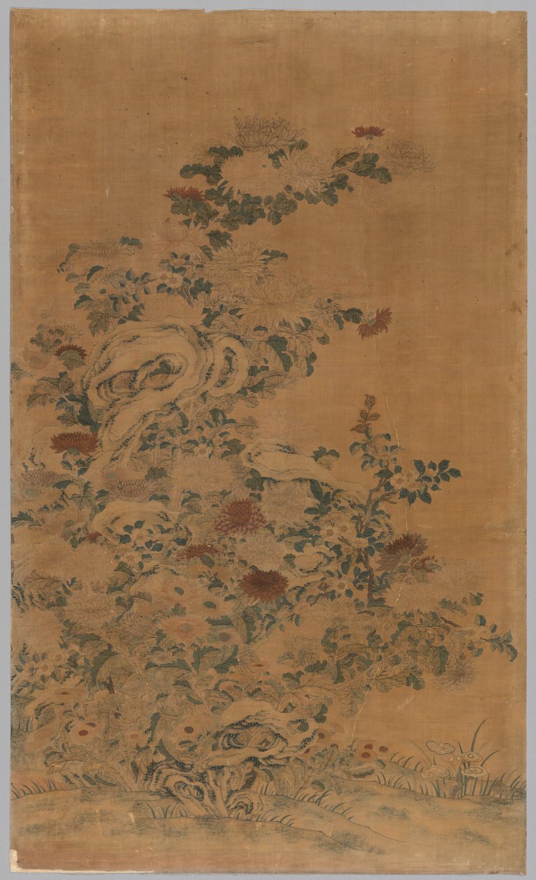 コッスパネル：岩と菊、1700年代-1800年代。 作： 不明